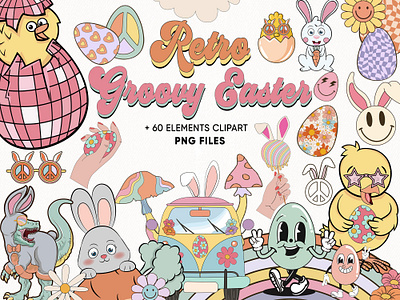 Retro Groovy Easter Clipart Elements Bundle PNG Files clipart designs digital download easter groovy retro sublimation vintage