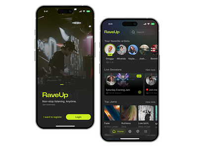 \TK → x3 app app design branding components creative dashboard design figma green mobile mobile app mockup music music app rave rave app ui ui design uiux user interface