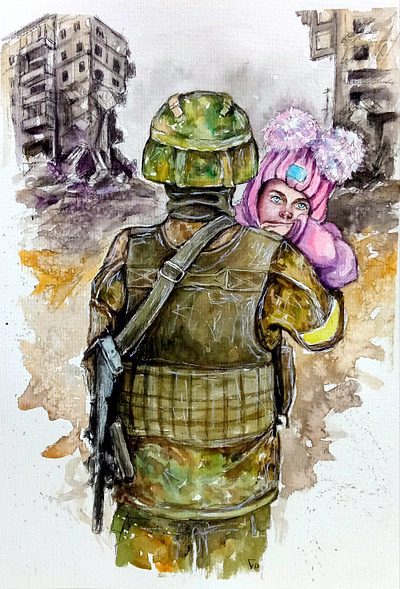 War in Ukraine, Soldier and Child, Destroyed houses, watercolor art design hand painted illustration paint painting ukraine war watercolor