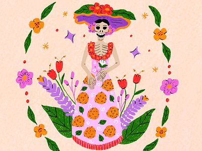 La catrina calaca cute illustration dia de los muertos digital illustration floral ornaments flowers illustration la catrina mexican culture mexico sparkles