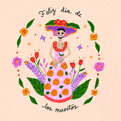 La catrina calaca cute illustration dia de los muertos digital illustration floral ornaments flowers illustration la catrina mexican culture mexico sparkles