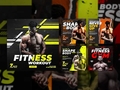 Gym Fitness Social Media Posts banner template banner branding design facebook ad facebook cover fitness free graphic design gym gym banner health instagram banner instagram post post premium product design social media sports club templae web banner