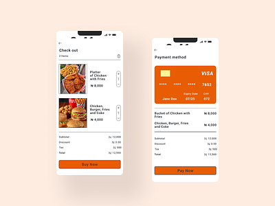 Checkout and Payment screens of a food ordering app dailyui food app ui design ux design