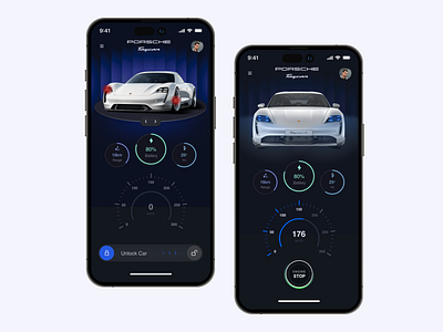 Porsche App Design Concept app black car dashboard design engine home main porsche speed speedometer start state ui ux