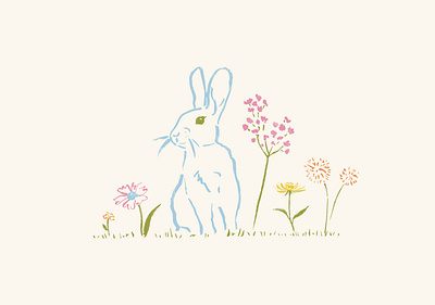 Spring blue bunny flowers green illustration pink rabbit sketch spring wildflowers