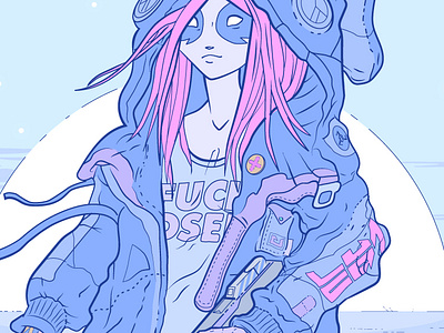 𝕷𝖎𝖓𝖆7 character cyberpunk dark futuristic girl gun hooded illustration moon pink purple robot vector