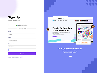 Kollab Extension Sign Up & Login Screens chome extension saas signin signup ui ux