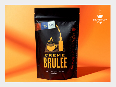 Broken Cup Cafe Pkg. Creme Brulee beverages brand identity coffee graphic design illustration packaging typography