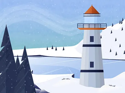 Frozen Lake cold frozen illustration lake light lighthouse mountain snow trees vector windy winter