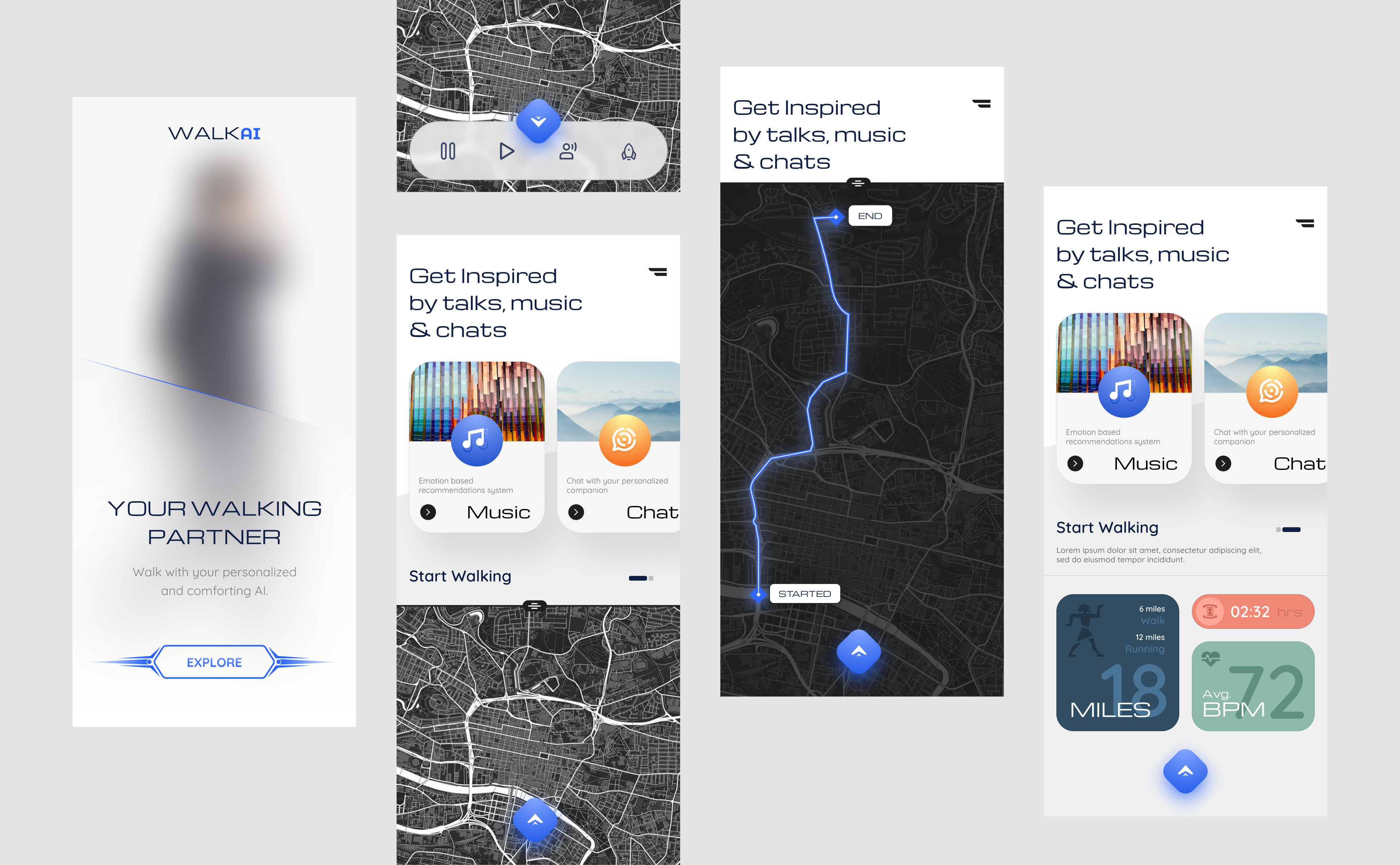 WalkAI - Concept of personalized AI Walking and Mood Assistant ai animation app background branding chat chatgpt design gif graphic design music pathdetectionui person personalizedai typography ui ux walk