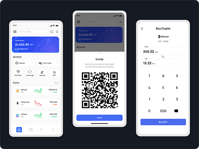 Crypto APP app branding buy crypto design graphic design illustration invite logo mobile mockup modern qrcode sell share typography ui ux vector