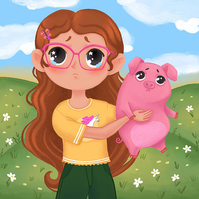 The girl begs to take the pig home 2d amazon kdp art children book children book illustration childrens art cute girl cute pig digital illustration girl with glasses illustration mabel nature piglet waddles