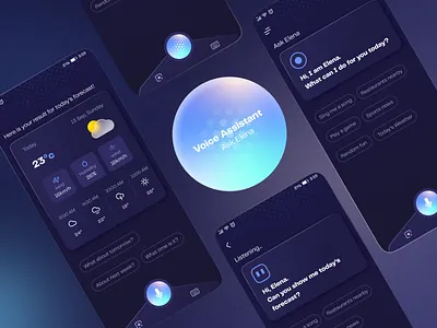 Voice Assistant App Design adobexd animation appdesign dark app dark theme dark ui design figma illustration ui uiux ux vector voice assistant weather app weather app design weather app ui