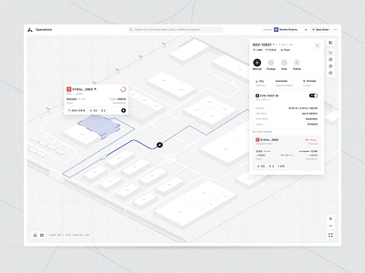 Intralogistics Management Map 3d agv application autonomous autonomous guided vehicles card clean components intralogistics logistics map maps perspective product design route sidebar vehicle web app webdesign