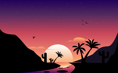 Tropical Sunset 2d animation background bird birds cactus illustration landscape madewithsvgator motion graphics palm tree river silhouette stars sun sunrise sunset trees tropical vector