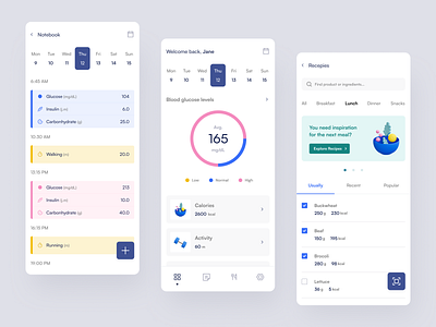 Diabetes app app calendar diabetic diet glucose health healthcare medical medicine mobile app mobile application mobile design modern patient simple tracker ui ui mobile uiux design ux