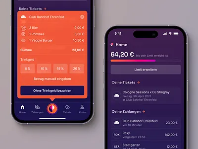 Payment App for Venues & Events app balance dark theme orange payment product product design prototype purple receipt ui ux