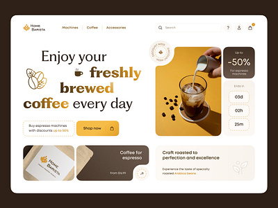 Home Barista banner coffee coffee machines design hero screen logo shop timer ui web design