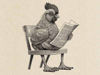 Chicken Sitting on a Chair Reading a Newspaper Illustration black and white illustration branding chicken illustration design engraving illustration illustration pen and ink illustration vintage illustration wine label