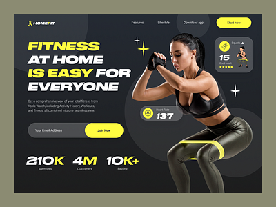 HomeFit - app for fitness promo page adv app branding dark key design figma fit fitness graphic design interface promo slim ui website yellow