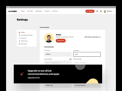 CVMaker - Settings dashboard navigation platform product saas settings ui ux web