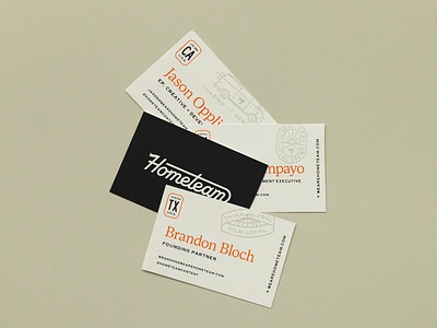 Hometeam Global Content - Business Cards badge branding business cards cards collateral content design film filmmakers fort worth global hometeam illustrator local logo mockup script type typography van