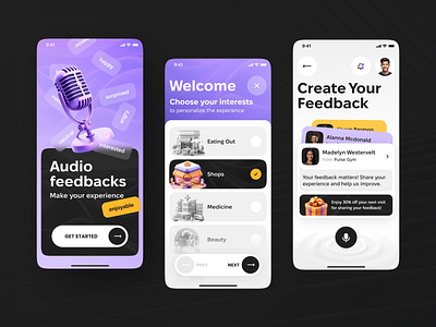 Audio Feedbacks | Mobile App Concept ai app art audio catogiries design feedback graphic design illustration microphone minimal mobile record simple sound ui ux violet waves