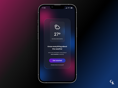 Daily UI 62 - Glassmorphism × Neon dailyui dailyui day 01 design glassmorphism glassmorphism x neon mobile ui onboarding mobile ui ui ux waether mobile ui