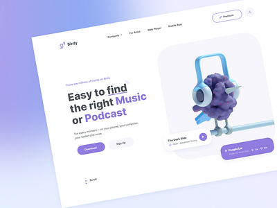 Birdy - Landing Page Music App 3d branding design graphic design illustration logo music ui ux web