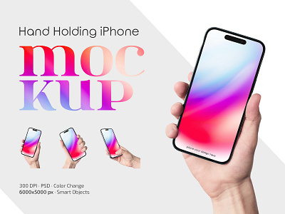 Hand Holding iPhone Mockup Set apple application device digital display gadget hand holding interface internet iphone iphone 14 pro max mobile mockup mockups phone screen smartphone technology web