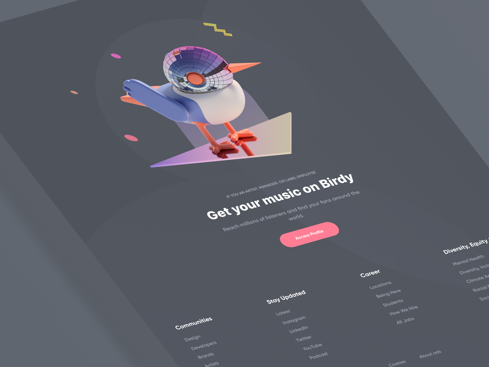 Birdy - Footer 3d app design footer graphic design illustration music ui web