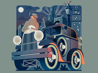GN 🌙 ✨ 1920s 1930s bird birds buildings car cat cats character fashion flat illustration moon night oldstyle perspective retro smoking vector vintage