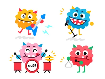 Fur Monsters Band branding cartoon character children colorful creature design digital flat funny guitar illustration kawaii kids logo mascot monsters music rock band song