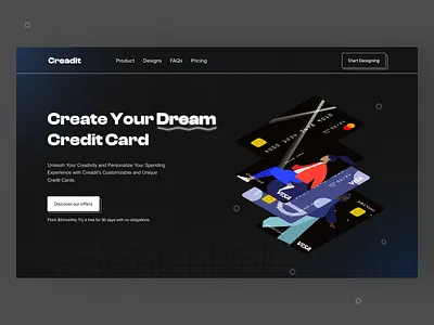 Creadit (customizable credit cards website) cards credit cards design fintech fintech landing page hero section landing page ui ui design web page website
