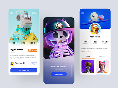 NFT Marketplace Mobile App application auction binance bitcoin blockchain crypto cryptoart cryptocurrency currency design ethereum mobile mobile app mobile app design modern ui nft nft marketplace product design ui ui design