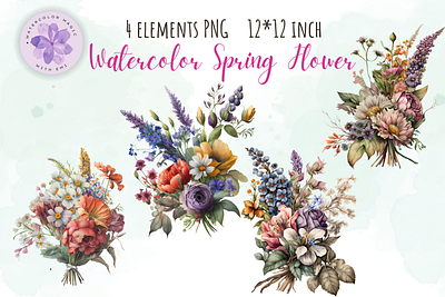 Watercolor Spring Flowers Bouquet blossom botanical bouquet bouquet vase colorful flowers vase floral flower flowers flowers bouquet garden green nature romantic spring spring flowers spring flowers bouquet summer watercolor watercolour wedding