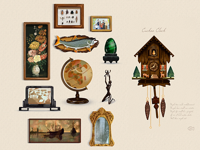 Items that i love from my Grandparents house. africa boat bugs clock collector cuckoo digital art egg family fish flowers frame globe harbour illustration japanese art mirror painting statue wooden
