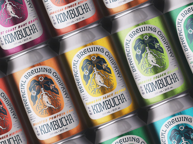 Beneficial Brewing Kombucha Brand Identity and Packaging beer bottle branding can drink flavor graphic illustration kombucha lettering logo mandrake packaging tea