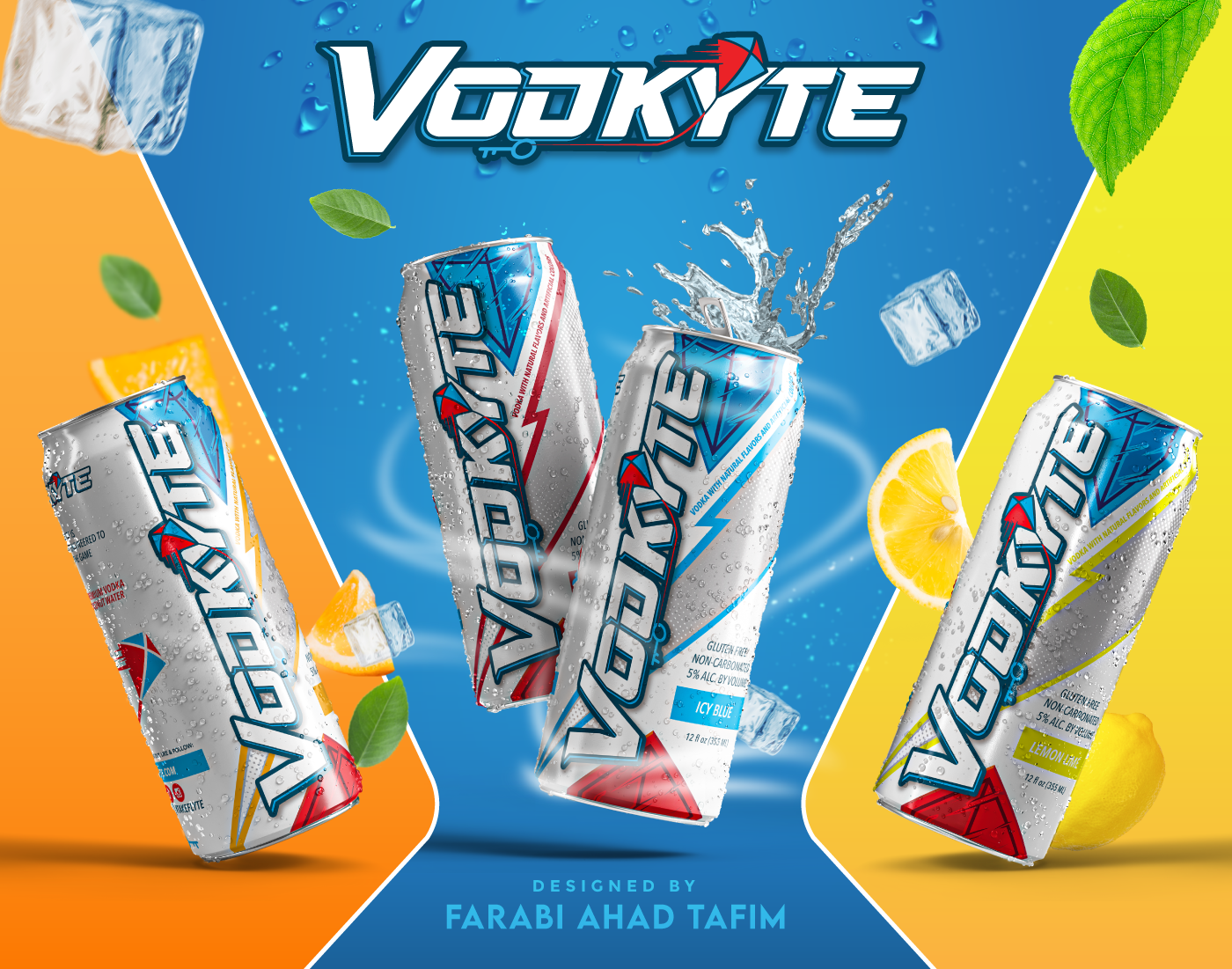 Premium Vodka Label Design- Vodkyte beverage branding design beverage packaging can label design fruite punch ice blue label design lemon lime juice orage juice packaging design premium vodka soda can soda label vodka vodka label vodkyte