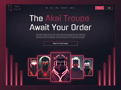 Akai Troupe - Cyberpunk Samurai Card Game black card card game clean creative cyberpunk design design inspiration gaming hero section illustration inspiration landing page logo red samurai ui video game web design website