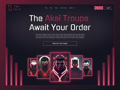 Akai Troupe - Cyberpunk Samurai Card Game black card card game clean creative cyberpunk design design inspiration gaming hero section illustration inspiration landing page logo red samurai ui video game web design website