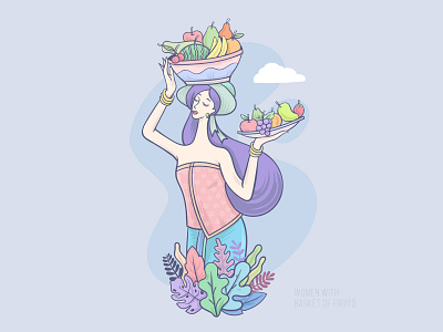 Women with Basket of Fruits art deco decoration digital fine art gallery graphic design hand drawing illustration poster printed vector wall art wallpaper