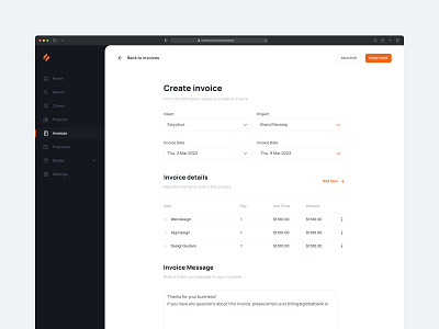 Create Invoice — Loam Invoice buttons create invoice dashboard design system details figma flat invoice pdf preview recipt sass sidebar table ui