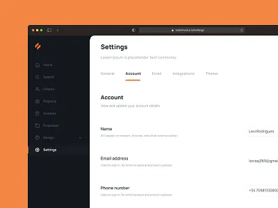 User settings — Loam Invoice account admin avatar create account dashboard figma form interface invoice light ui preferences profile settings sidebar tabs theme ui web app