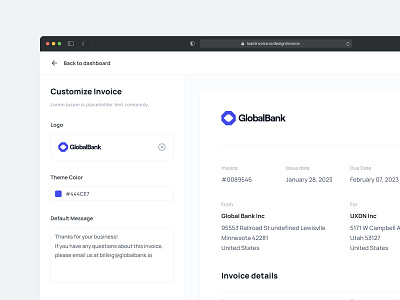 Customize Invoice — Loam Invoice admin builder change color constructor customize dashboard design design system drag and drop no code no code builder personalize sass tool ui web app web builder