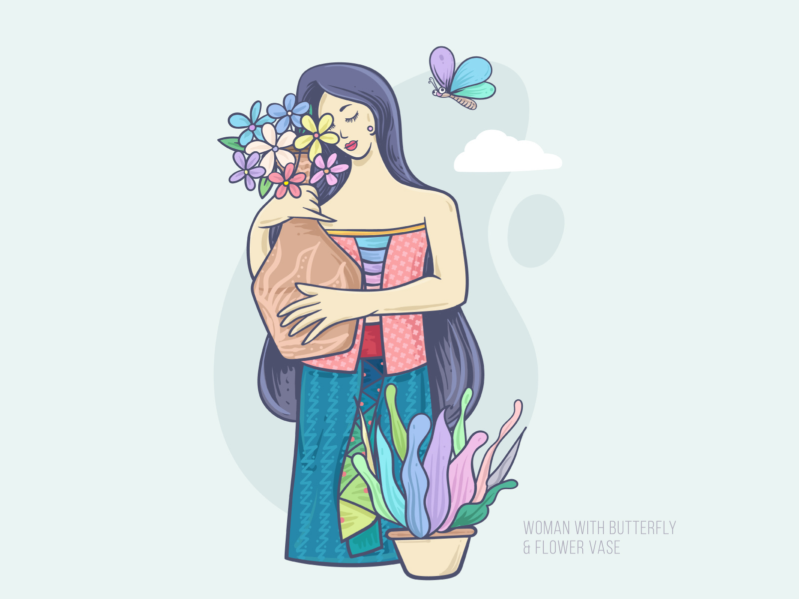 Woman with Butterfly & Flower vase art deco decoration digital art gallery graphic design hand drawing poster printed vector wall art wallpaper
