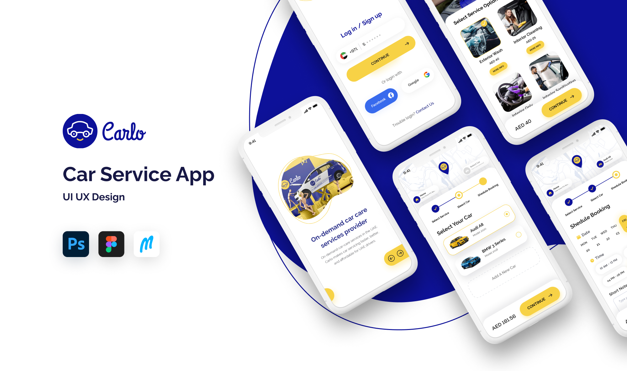 Carlo - Car Service App UI UX Design and Prototype adobe photoshop app app screen app ui app ui ux design figma ui design ui ux design user experience design user interface design userflow