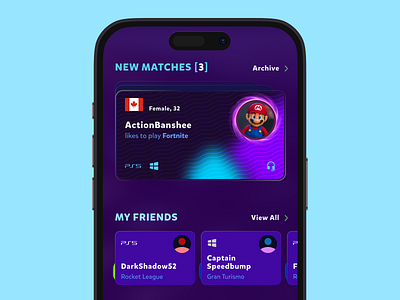 Find Friends to Play app app design appdesign card cards dashboard game gamer gaming ios iphone iphone14 landingpage product product design productdesign purple ui ux uxui