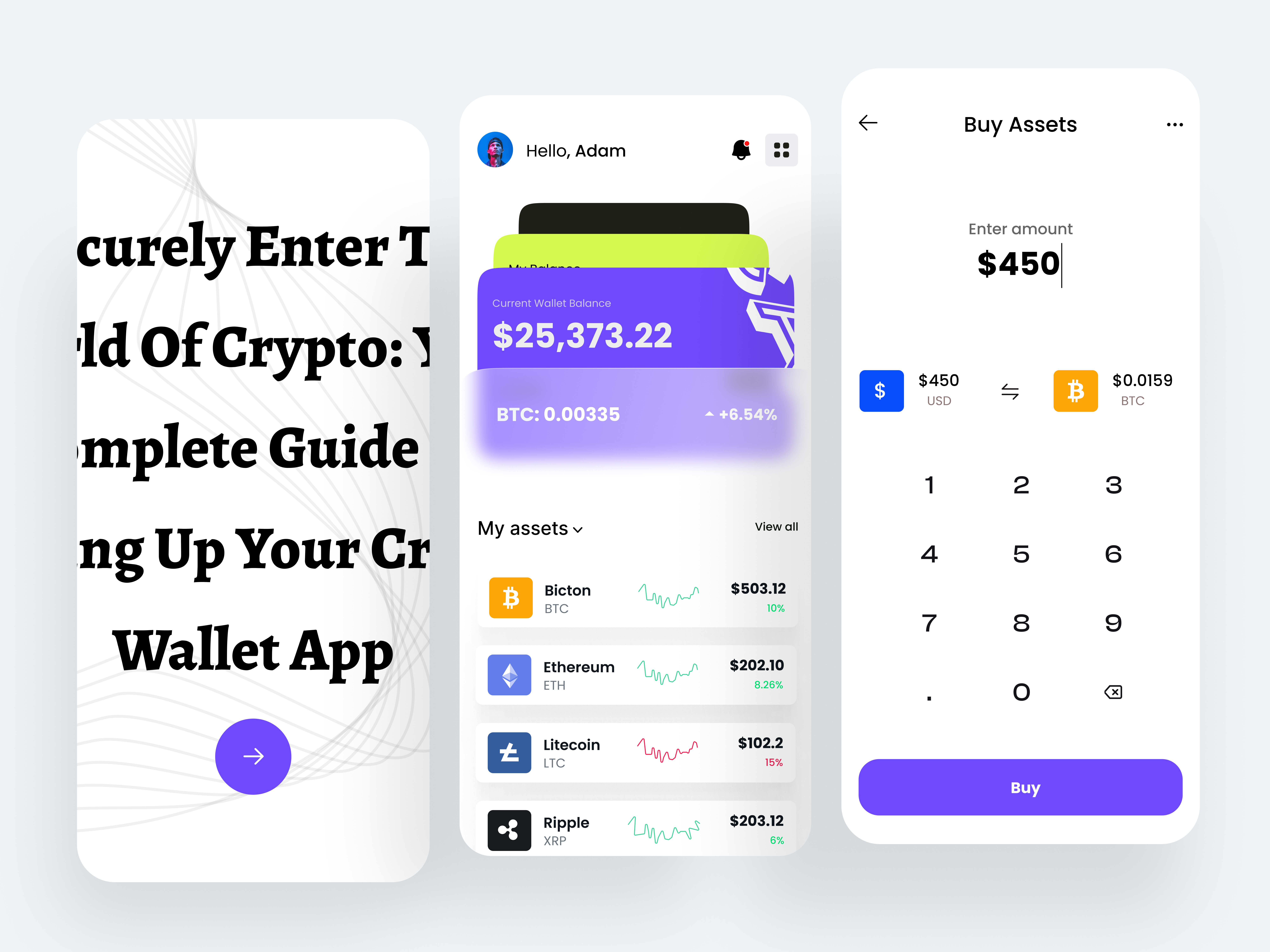 Crypto wallet - Mobile app app design bitcoin blockchain crypto crypto app crypto currencies crypto exchange crypto wallet cryptocurrency financial app mobile mobile app mobile app design mobile ui nft trading ui ux wallet web3