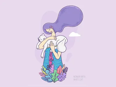 Woman with White Cat art deco decorative digital art fine art flat gallery graphic hand drawing illustration nature poster printed vector wall art wallpaper
